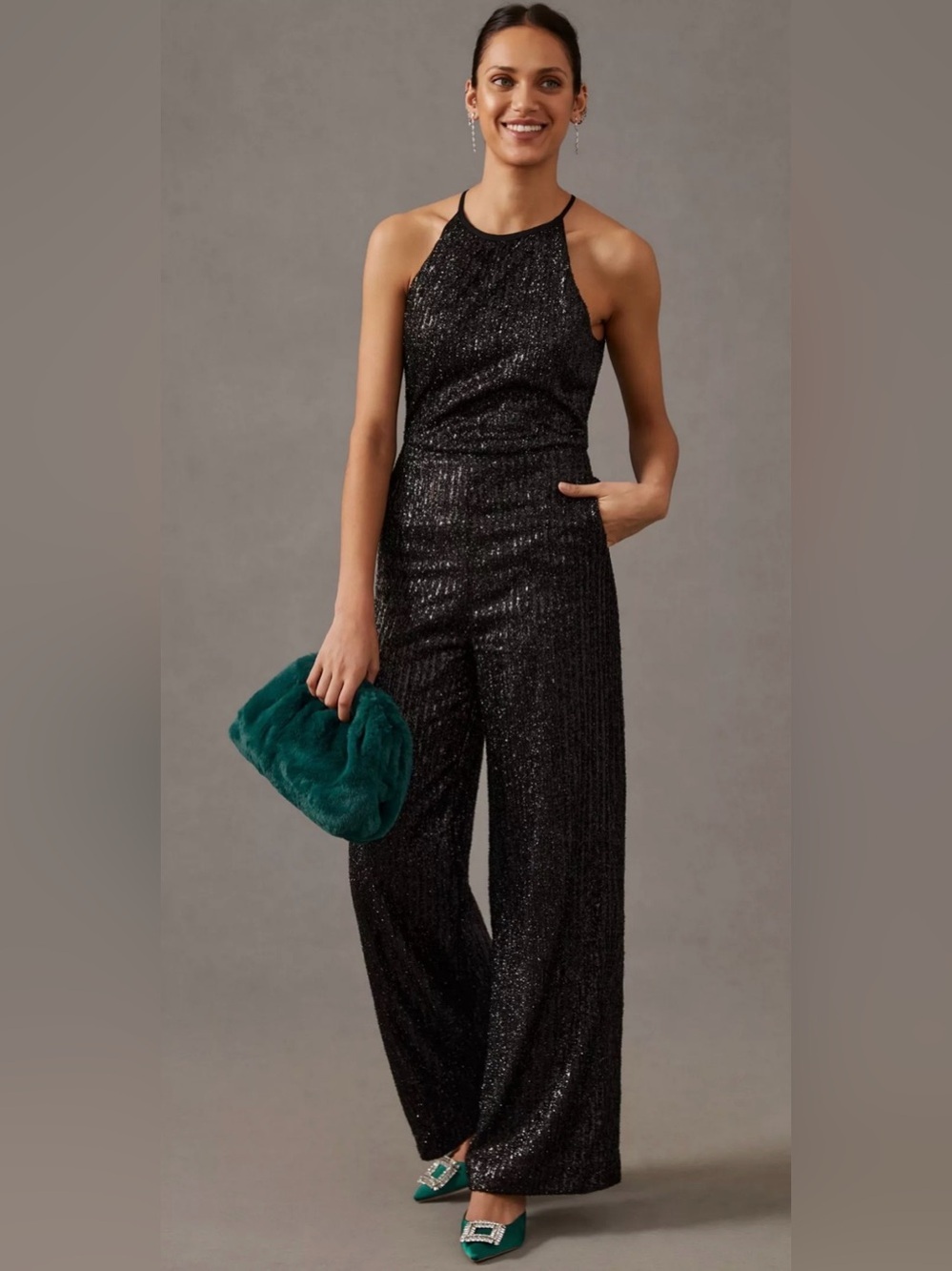 Maeve by Anthropologie Sequin Disco Jumpsuit Black Wide Leg Halter Size 6